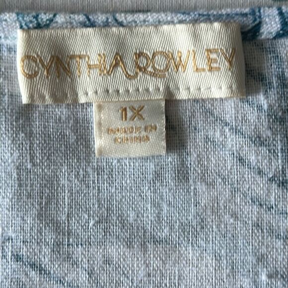 Cynthia Rowley Women’s Linen Blend Tunic Top 1X Blue Floral Poncho Mesh Trim - Picture 6 of 7